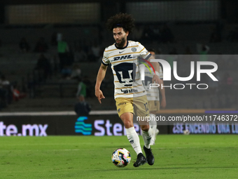 Cesar Huerta #12 of the Pumas de la UNAM dribbles the ball during the match corresponding to round 16 of the Apertura 2024 tournament of the...