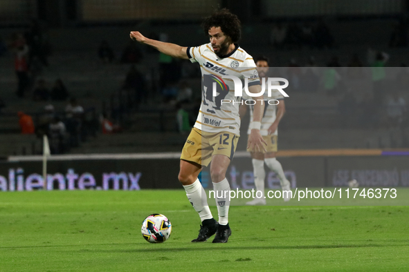 Cesar Huerta #12 of the Pumas de la UNAM dribbles the ball during the match corresponding to round 16 of the Apertura 2024 tournament of the...