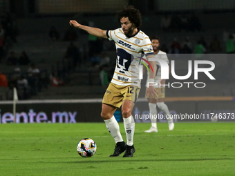 Cesar Huerta #12 of the Pumas de la UNAM dribbles the ball during the match corresponding to round 16 of the Apertura 2024 tournament of the...