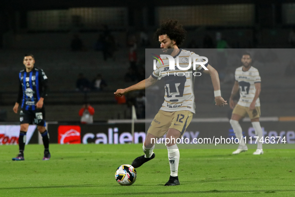 Cesar Huerta #12 of the Pumas de la UNAM dribbles the ball during the match corresponding to round 16 of the Apertura 2024 tournament of the...