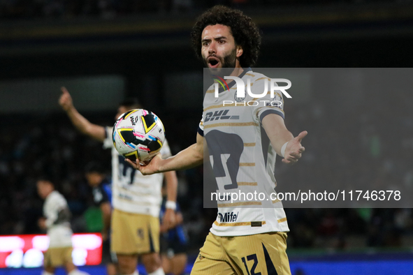 Cesar Huerta #12 of the Pumas de la UNAM claims during the match corresponding to round 16 of the Apertura 2024 tournament of the Liga BBVA...