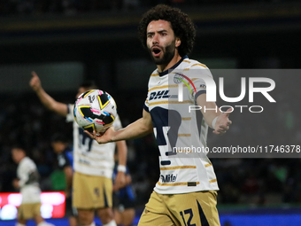 Cesar Huerta #12 of the Pumas de la UNAM claims during the match corresponding to round 16 of the Apertura 2024 tournament of the Liga BBVA...