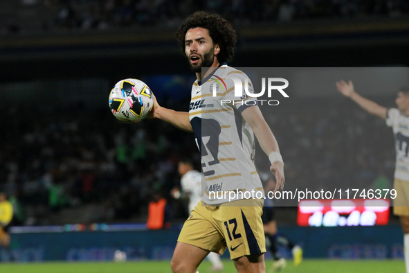 Cesar Huerta #12 of the Pumas de la UNAM claims during the match corresponding to round 16 of the Apertura 2024 tournament of the Liga BBVA...