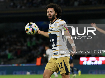 Cesar Huerta #12 of the Pumas de la UNAM claims during the match corresponding to round 16 of the Apertura 2024 tournament of the Liga BBVA...