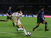 Cesar Huerta #12 of Pumas de la UNAM and Jose Canale #6 of Queretaro fight for the ball during the match corresponding to round 16 of the Ap...