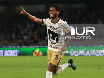 Jose Caicedo #8 of Pumas de la UNAM celebrates his goal during the match corresponding to round 16 of the Apertura 2024 tournament of the Li...