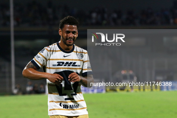 Jose Caicedo #8 of Pumas de la UNAM celebrates his goal during the match corresponding to round 16 of the Apertura 2024 tournament of the Li...