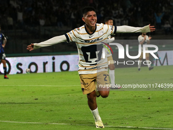 Piero Quispe #27 of Pumas de la UNAM celebrates his goal during the match corresponding to round 16 of the Apertura 2024 tournament of the L...