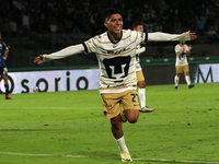 Piero Quispe #27 of Pumas de la UNAM celebrates his goal during the match corresponding to round 16 of the Apertura 2024 tournament of the L...