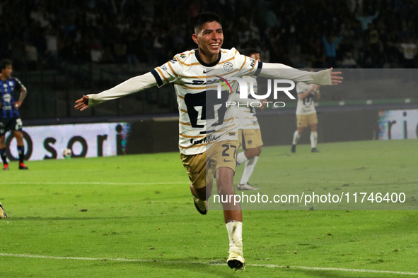 Piero Quispe #27 of Pumas de la UNAM celebrates his goal during the match corresponding to round 16 of the Apertura 2024 tournament of the L...