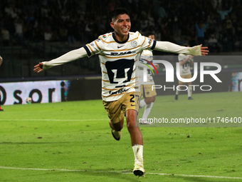 Piero Quispe #27 of Pumas de la UNAM celebrates his goal during the match corresponding to round 16 of the Apertura 2024 tournament of the L...