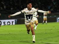 Piero Quispe #27 of Pumas de la UNAM celebrates his goal during the match corresponding to round 16 of the Apertura 2024 tournament of the L...