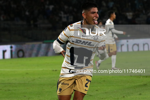 Piero Quispe #27 of Pumas de la UNAM celebrates his goal during the match corresponding to round 16 of the Apertura 2024 tournament of the L...