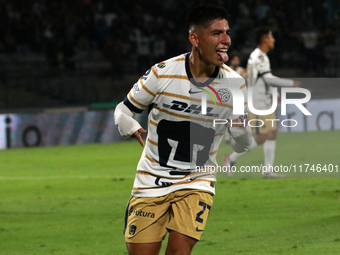 Piero Quispe #27 of Pumas de la UNAM celebrates his goal during the match corresponding to round 16 of the Apertura 2024 tournament of the L...