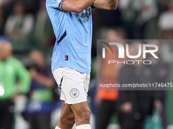 Matheus Nunes of Manchester City shows appreciation to the fans after the UEFA Champions League match between Sporting CP and Manchester Cit...