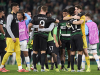 Players of Sporting CP celebrate victory after the UEFA Champions League match between Sporting CP and Manchester City at Jose Alvalade Stad...