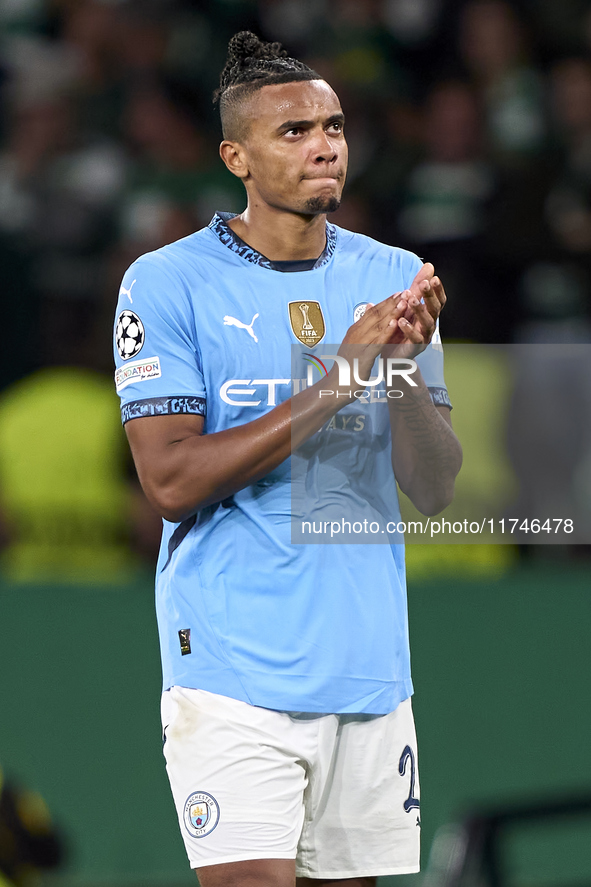 Manuel Akanji of Manchester City shows appreciation to the fans after the UEFA Champions League match between Sporting CP and Manchester Cit...