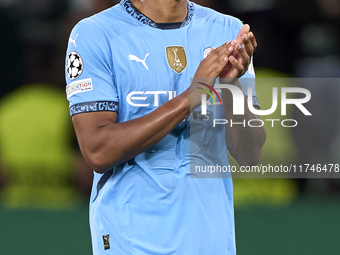 Manuel Akanji of Manchester City shows appreciation to the fans after the UEFA Champions League match between Sporting CP and Manchester Cit...