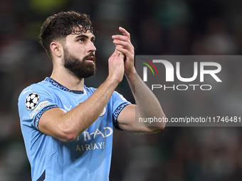 Josko Gvardiol of Manchester City shows appreciation to the fans after the UEFA Champions League match between Sporting CP and Manchester Ci...