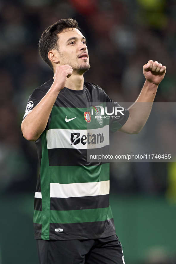 Pedro Goncalves of Sporting CP celebrates victory after the UEFA Champions League match between Sporting CP and Manchester City at Jose Alva...