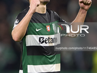 Pedro Goncalves of Sporting CP celebrates victory after the UEFA Champions League match between Sporting CP and Manchester City at Jose Alva...