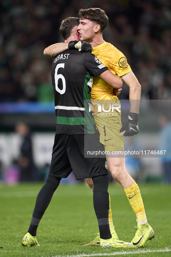 Zeno Debast of Sporting CP and Franco Israel of Sporting CP celebrate victory after the UEFA Champions League match between Sporting CP and...