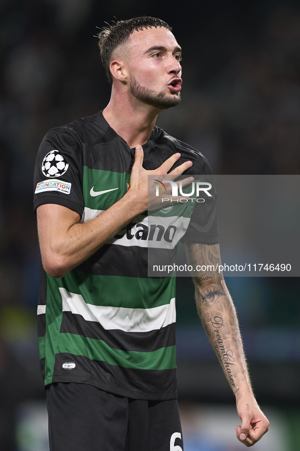 Zeno Debast of Sporting CP celebrates victory after the UEFA Champions League match between Sporting CP and Manchester City at Jose Alvalade...