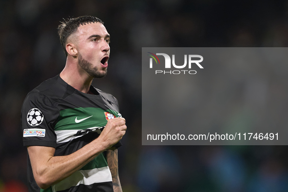 Zeno Debast of Sporting CP celebrates victory after the UEFA Champions League match between Sporting CP and Manchester City at Jose Alvalade...