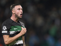 Zeno Debast of Sporting CP celebrates victory after the UEFA Champions League match between Sporting CP and Manchester City at Jose Alvalade...