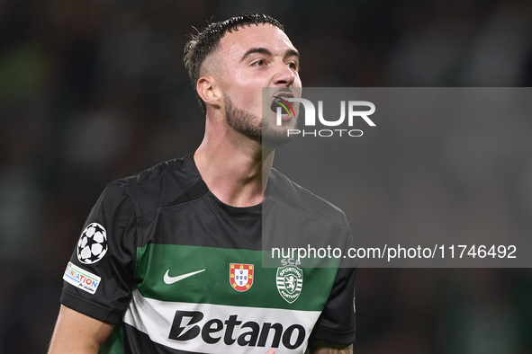 Zeno Debast of Sporting CP celebrates victory after the UEFA Champions League match between Sporting CP and Manchester City at Jose Alvalade...