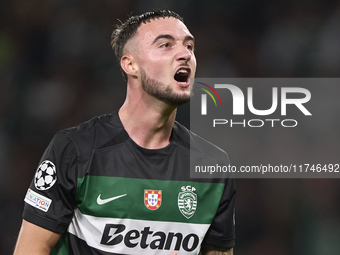 Zeno Debast of Sporting CP celebrates victory after the UEFA Champions League match between Sporting CP and Manchester City at Jose Alvalade...