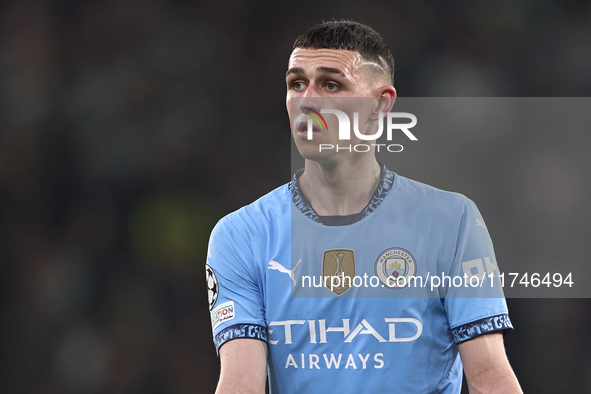 Phil Foden of Manchester City looks on during the UEFA Champions League match between Sporting CP and Manchester City at Jose Alvalade Stadi...