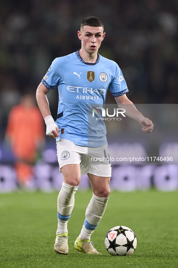 Phil Foden of Manchester City plays during the UEFA Champions League match between Sporting CP and Manchester City at Jose Alvalade Stadium...