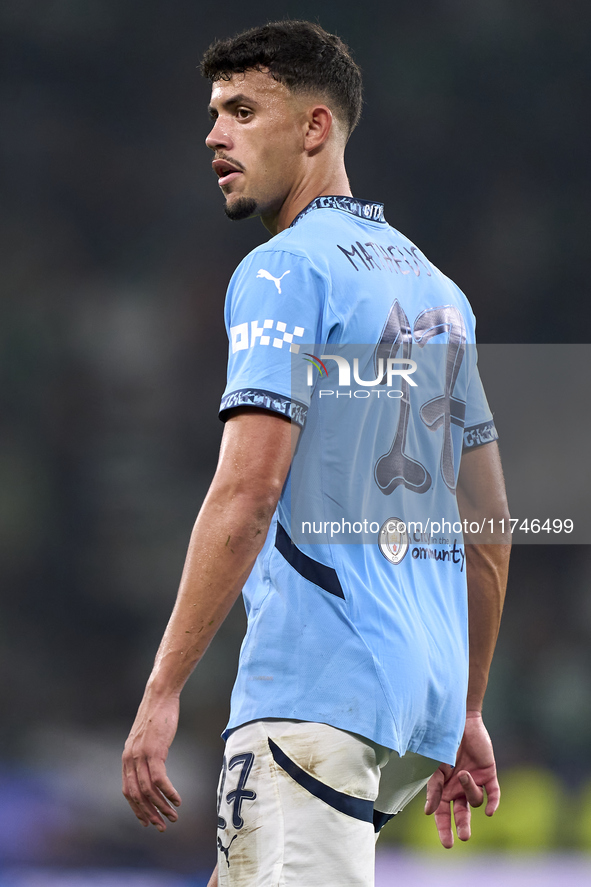 Matheus Nunes of Manchester City looks on during the UEFA Champions League match between Sporting CP and Manchester City at Jose Alvalade St...