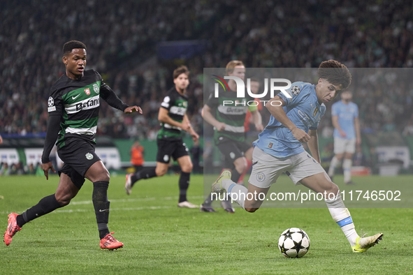 Rico Lewis of Manchester City plays during the UEFA Champions League match between Sporting CP and Manchester City at Jose Alvalade Stadium...