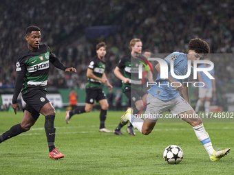 Rico Lewis of Manchester City plays during the UEFA Champions League match between Sporting CP and Manchester City at Jose Alvalade Stadium...