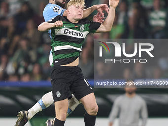 Josko Gvardiol of Manchester City competes for the ball with Conrad Harder of Sporting CP during the UEFA Champions League match between Spo...