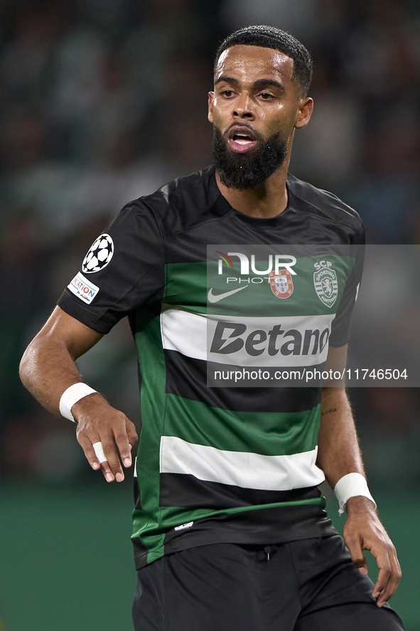 Jeremiah St. Juste of Sporting CP reacts during the UEFA Champions League match between Sporting CP and Manchester City at Jose Alvalade Sta...