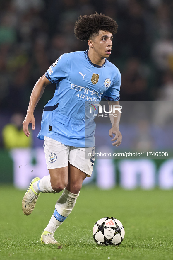 Rico Lewis of Manchester City plays during the UEFA Champions League match between Sporting CP and Manchester City at Jose Alvalade Stadium...