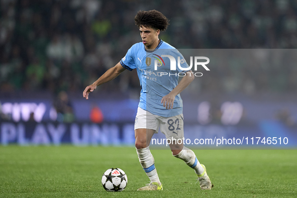 Rico Lewis of Manchester City plays during the UEFA Champions League match between Sporting CP and Manchester City at Jose Alvalade Stadium...