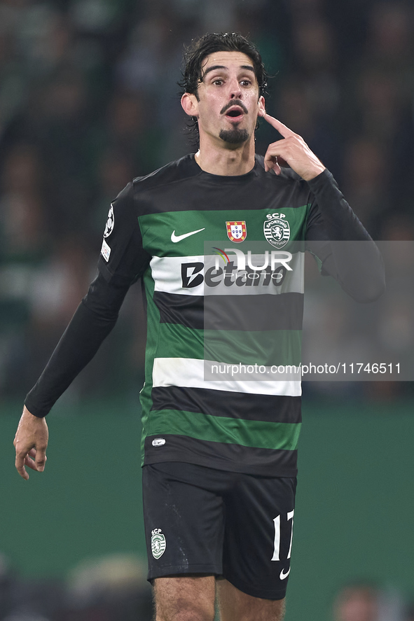 Francisco Trincao of Sporting CP reacts during the UEFA Champions League match between Sporting CP and Manchester City at Jose Alvalade Stad...