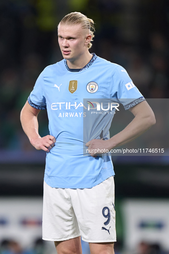 Erling Haaland of Manchester City reacts during the UEFA Champions League match between Sporting CP and Manchester City at Jose Alvalade Sta...