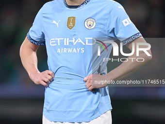 Erling Haaland of Manchester City reacts during the UEFA Champions League match between Sporting CP and Manchester City at Jose Alvalade Sta...