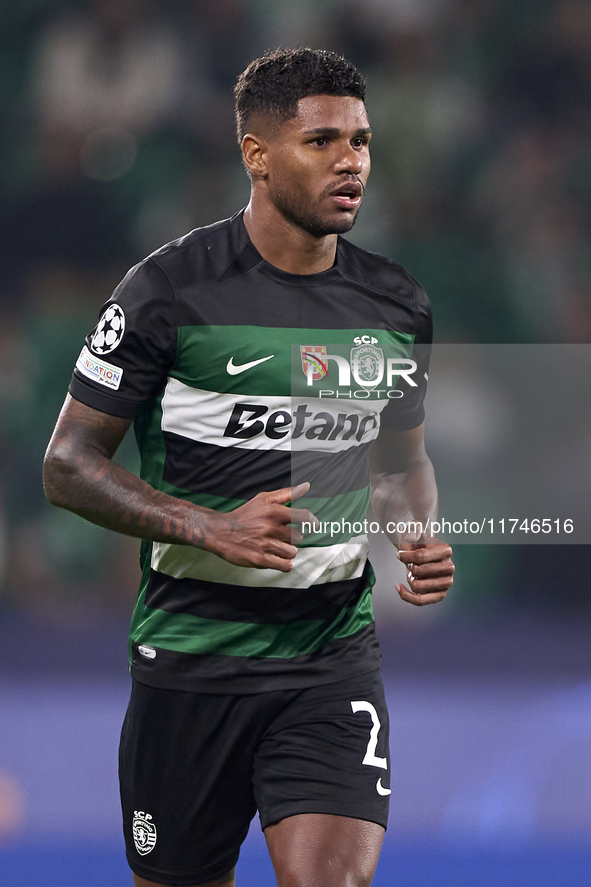 Matheus Reis of Sporting CP looks on during the UEFA Champions League match between Sporting CP and Manchester City at Jose Alvalade Stadium...