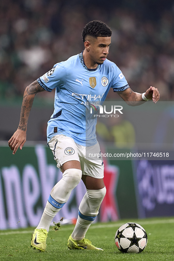 Savinho of Manchester City plays during the UEFA Champions League match between Sporting CP and Manchester City at Jose Alvalade Stadium in...