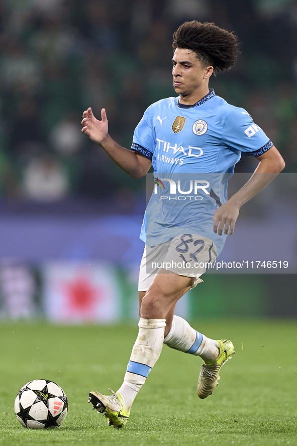 Rico Lewis of Manchester City plays during the UEFA Champions League match between Sporting CP and Manchester City at Jose Alvalade Stadium...