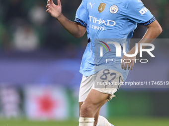 Rico Lewis of Manchester City plays during the UEFA Champions League match between Sporting CP and Manchester City at Jose Alvalade Stadium...