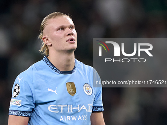 Erling Haaland of Manchester City reacts after missing a penalty kick during the UEFA Champions League match between Sporting CP and Manches...