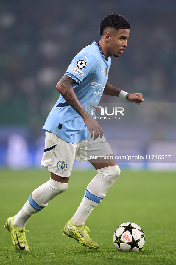 Savinho of Manchester City plays during the UEFA Champions League match between Sporting CP and Manchester City at Jose Alvalade Stadium in...