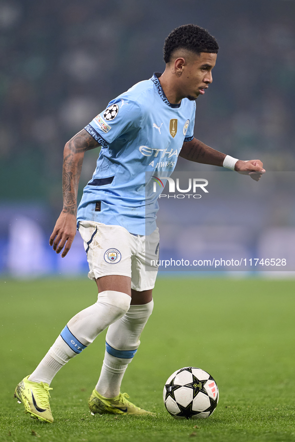 Savinho of Manchester City plays during the UEFA Champions League match between Sporting CP and Manchester City at Jose Alvalade Stadium in...